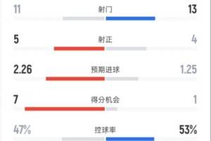 纽卡2-2切尔西全场数据：射门11-13，射正5-4，控球率47%-53%